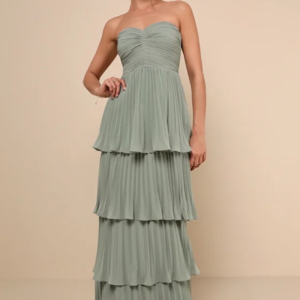 Seriously Sensational Sage Brush Strapless Tiered Maxi Dress